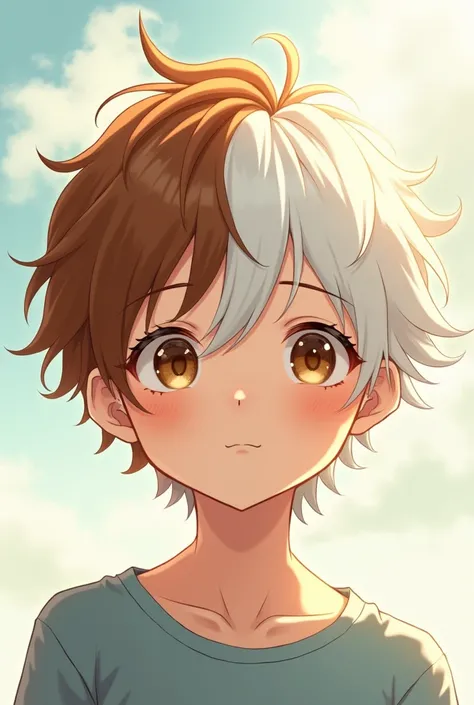 Anime boy cute on one side hair brown on the other hair is white