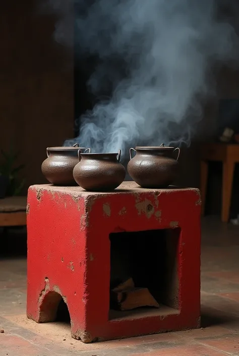 A Minas Gerais wood stove made of cement and painted red with smoking iron pots 