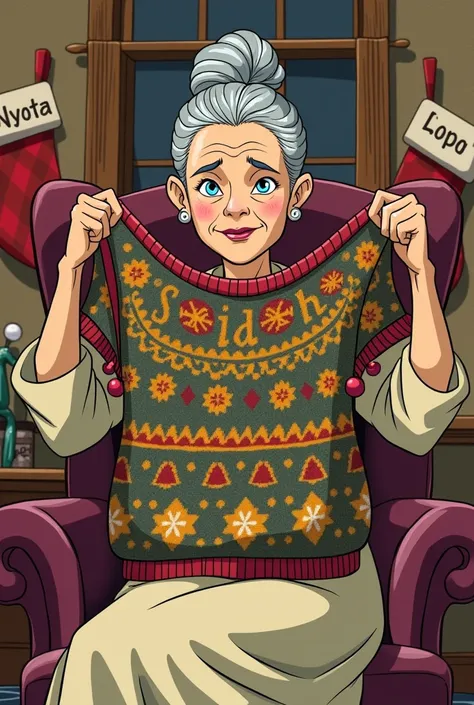 Batman Beyond TV show art style, old woman (dress, grey hair updo) sitting in chair, holding up a second sweater (stripes, ugly designs, pompoms), Christmas decorations, stockings with names Nyota Rennu and Lopori, line art