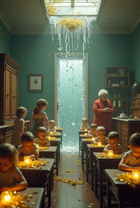 A classroom full of Russians, on every table there is a golden flower. The door is made of water, the teachers desk is actually a cupboard. And there are two babies sitting on the floor and an old woman hugging a bottle of perfume
