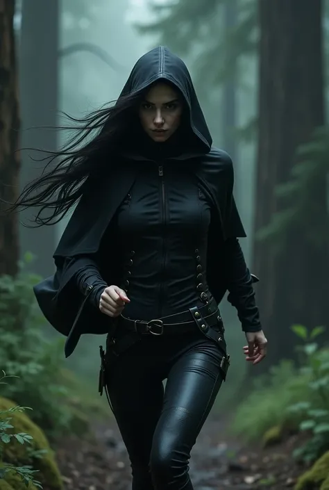  Woman with long black hair, white-skinned , running in a thick dark forest in the middle of the night and of redwood and pine trees, With a hooded cape she is dressed in black clothes  ,  tight leather pants with straps to hold knives  . realistic realism