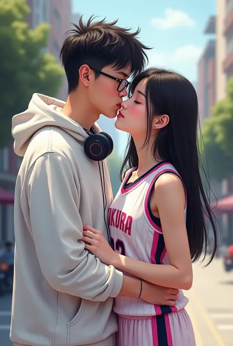 make realistic picture of indonesian teenager couple that a stout man with slightly messy hair blowout mid taper fade haircut  wearing eyeglass and white boxy hoodie with a headphone around his neck and  her chinese beautiful girlfriend that wearing basket...