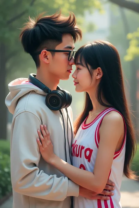 make realistic picture of indonesian teenager couple that a stout man with slightly messy hair blowout mid taper fade haircut  wearing eyeglass and white boxy hoodie with a headphone around his neck and  her chinese beautiful girlfriend that wearing basket...