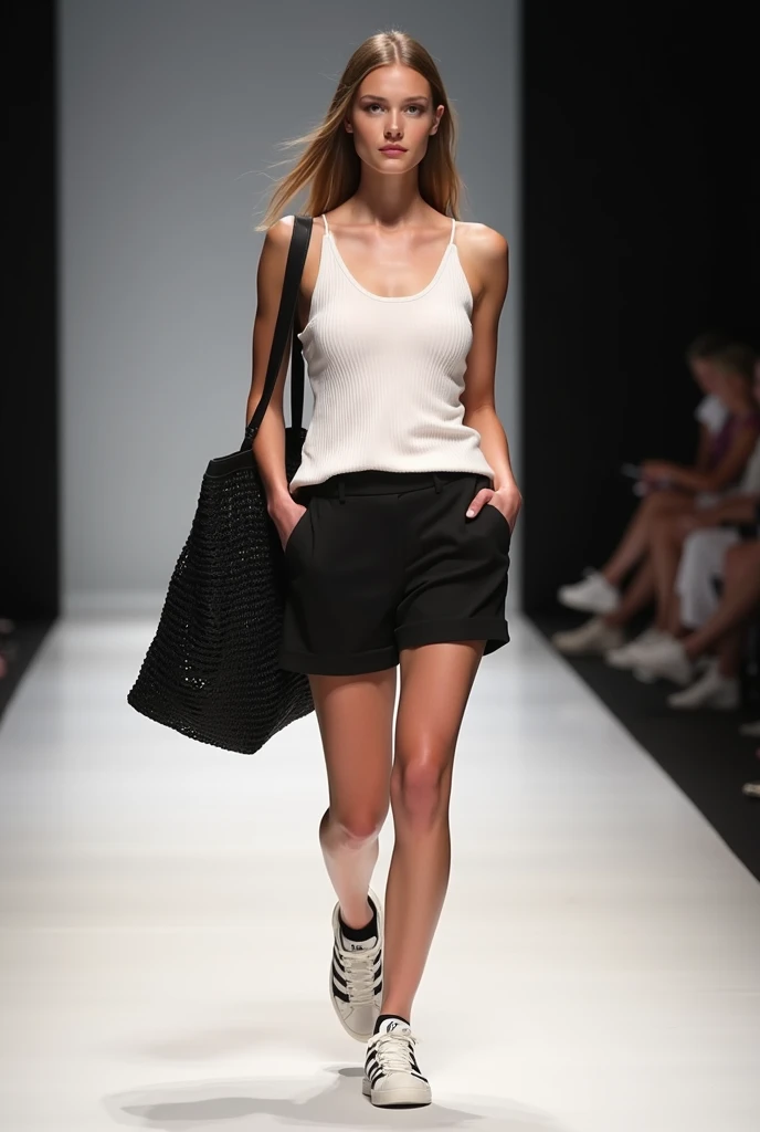 Model parading with casual white ribbed cotton tank top, black tailoring shorts ,  classic Adidas sneakers and large black crochet bag 