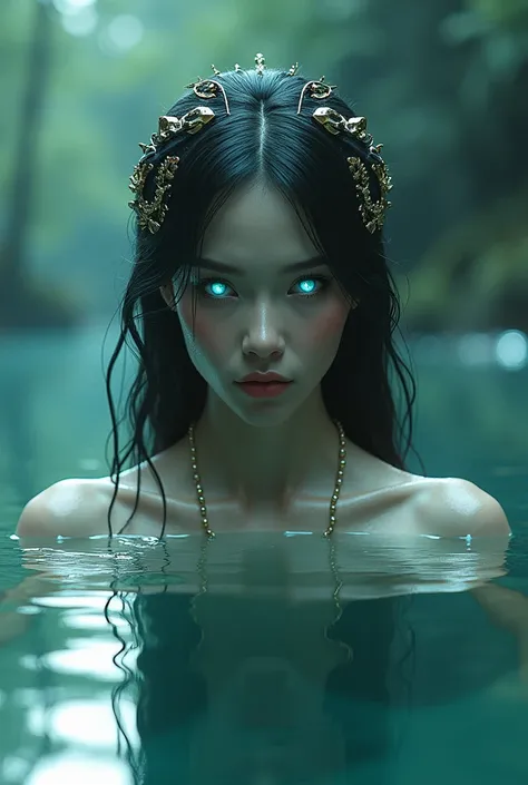 The goddess, Fortuna in a lake, glowing eyes, head to breast, silicone cybernetics. High Resolution, Masterpiece, Award Winning, Best Quality, High Details, High Quality, UHD, Optical Illusion, Impressionism, Art Deco, Cinematic, Cinematography, Futurism, ...