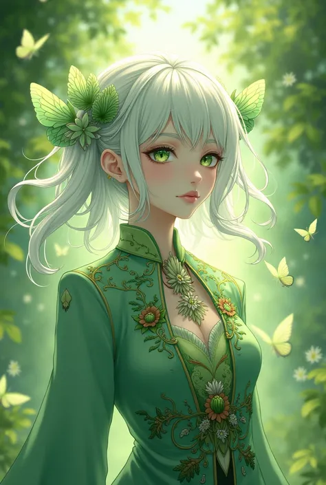 pale Anime male green pixie with 4 arms and sorrounded by green butterflies and lush clothes and white long har