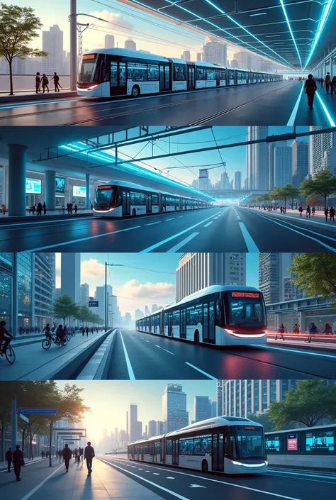 Can you create 10 to 20 images for me related to public transport and the problems identified 
1 modern electric buses at a charging station 
2 futuristic subway system with information screens 
3 exclusive lanes for bicycles and electric skates 
4 traffic...