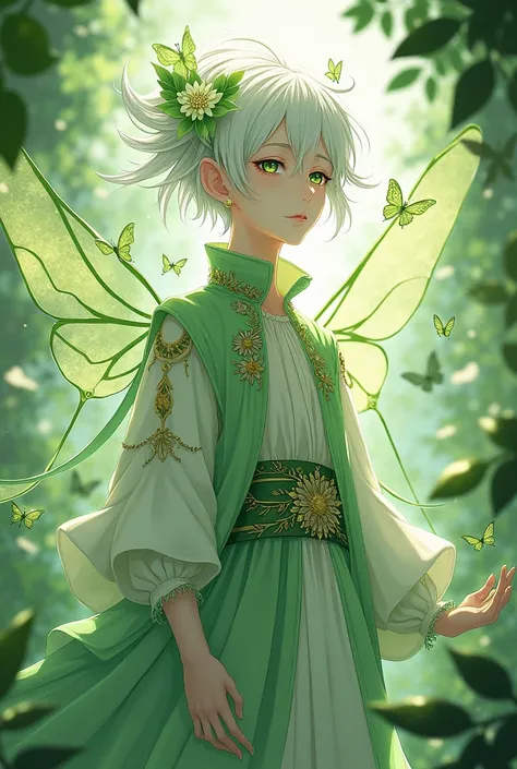 pale Anime male green pixie with 4 arms and sorrounded by green butterflies and lush clothes and white long har