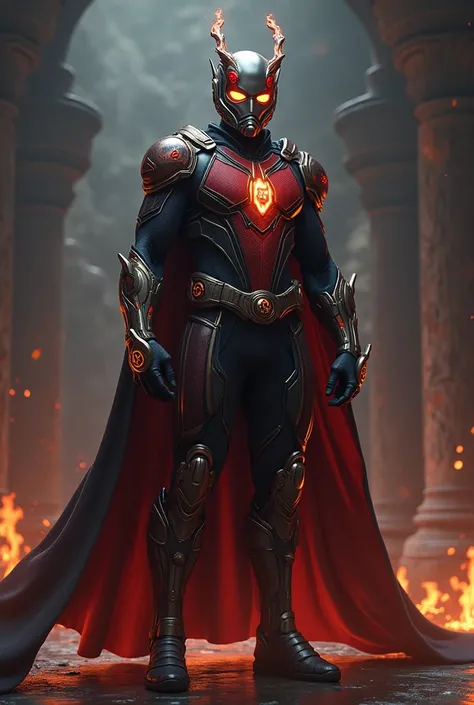 "Create a hyper-realistic hybrid character of Marvels Ant-Man and the Greek god Hades. The character wears Ant-Mans futuristic suit, enhanced with dark, mystical elements representing Hades powers. The helmet combines sleek technology with a shadowy aura, ...