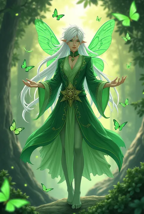  Anime Male green pixie with 4 arms and sorrounded by green butterflies and lush clothes and white long har