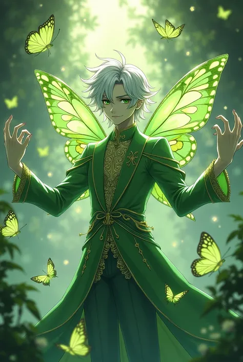  Anime Male green pixie with 4 arms and sorrounded by green butterflies and lush clothes and white long har