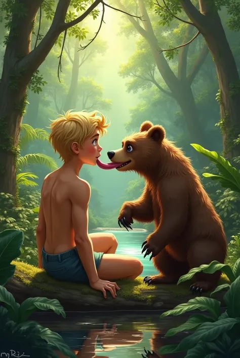 A blonde teenage jungle boy on a bear licking his stomach