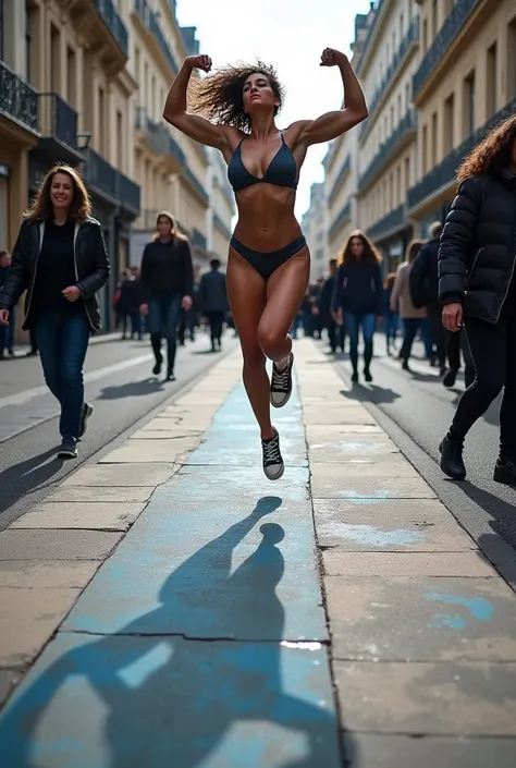 In street of paris, chalk drawing 3d on floor of a beautiful and big muscular woman jumping high for holding foot of real people who are walking on this floor. The woman is so muscular, strong and powerful, she has enormous muscles. 