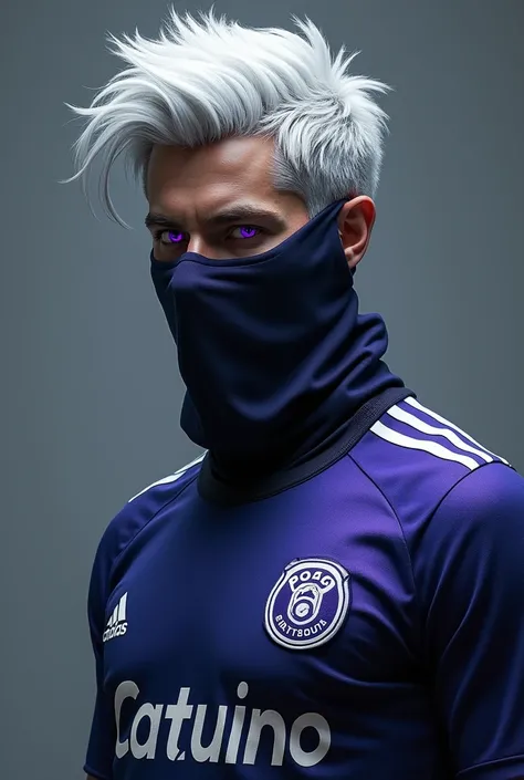 MALE CHARACTER WITH WHITE HAIR WEARING A MASK WITH PURPLE EYES WEARING THE CORINTHIANS JERSEY AND SPELLED GATUNO