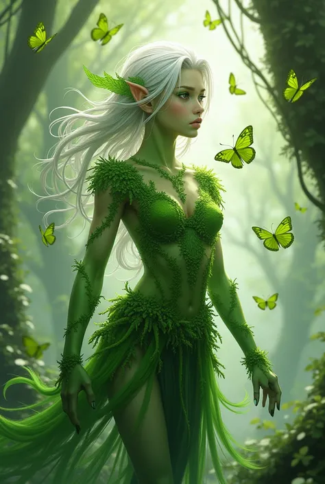  Anime Male green pixie with 4 arms and sorrounded by green butterflies and lush moss clothes and white har