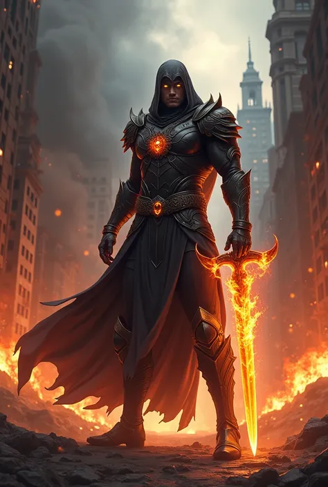  Create a man with fiery eyes and a black armor and a flaming sword and his eyes shine, Hes in a city on fire , not anime style