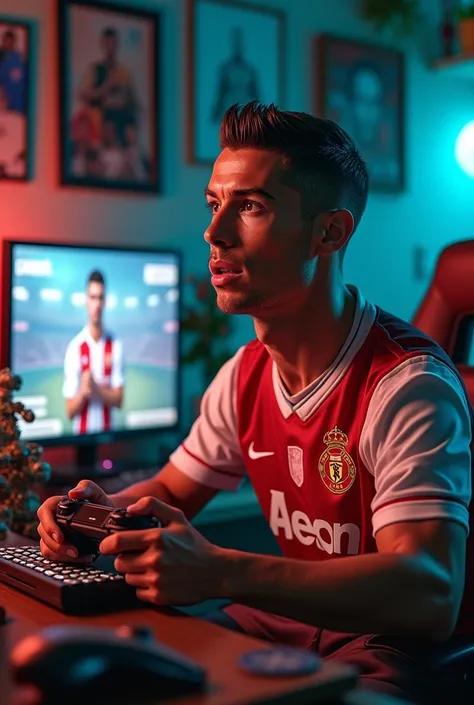 Cristiano Ronaldo playing the console avatar with a big head in a game room
