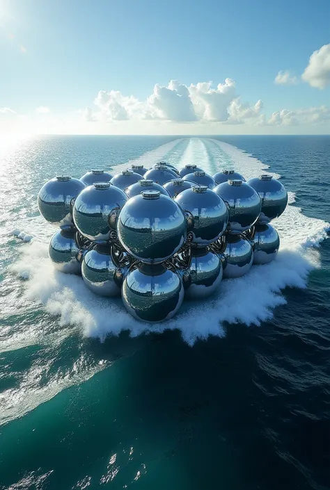  high quality ,  8k Ultra HD, extreme sharpness , extreme realism. morning. Seacoast of the United States .  A sunny day with blue skies . Top down aerial view ,  of a formation of dozens of chromed metallic spheres about 3m in diameter each,  in a cube fo...