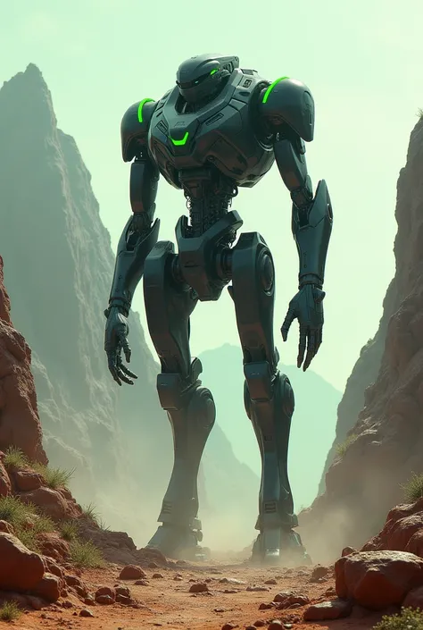 Black and green robot on a rocky planet