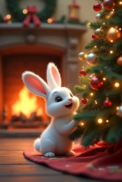 fluffy rabbit is peeking into a Christmas tree. background fireplace and Christmas tree