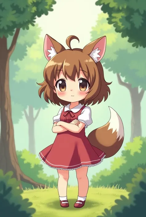 Moe anime style, little cute girl with wolf ears and tail looking forward with arms crossed full body 