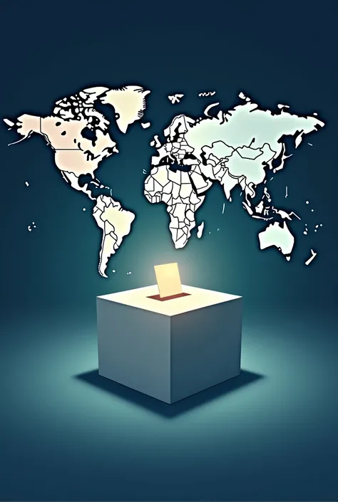  A map of the world with highlights in several countries ,  symbolizing how democracy is present in different parts of the planet. In the center an illuminated ballot box 