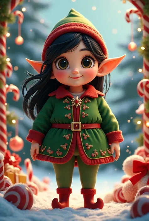 Female chubby Christmas elf with black hair,green brown eyes ,Candy Cane