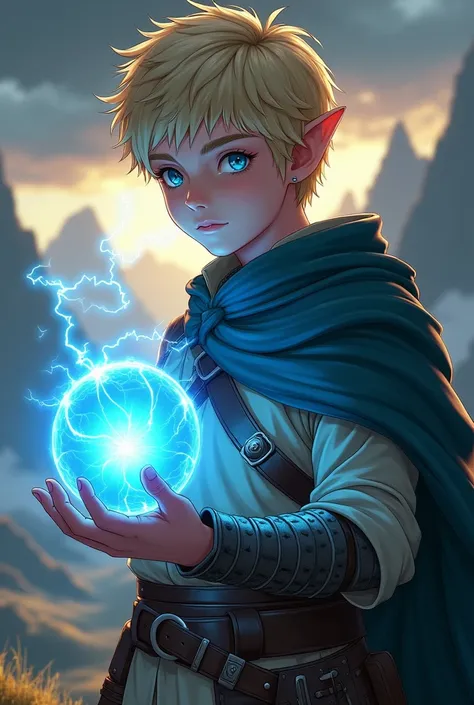 Image is a digital fantasy artwork featuring a young male elf with pointed ears and striking blue eyes. He has light skin and short, tousled blonde hair. The elf is dressed in a rugged, medieval-style outfit with a leather belt and arm guards. He stands in...