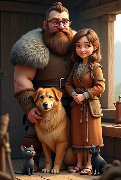 Family drawing. Big Viking Dad , calvo, with beard,  brown eyes  y gafas rectangulares.  Big Viking Mother,  short brown hair ,  green eyes.
 Girl with brown hair ,  brown eyes .
 Big golden dog . black cat.