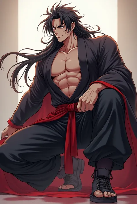  A strong androgynous anime-style character inspired by figures like Gyomei Himejima from Kimetsu no Yaiba. He has a seductive body ,  with powerful legs and long bulky hair ,  slightly disordered .  His expression is calm and imposing , with an androgynou...