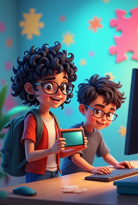 I want a puzzle background , In the world of video game country with a  girl with curly black hair with glasses holding a video game and an  brown boy messing with the computer playing Roblox playing in front of the computer 