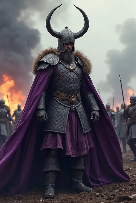 Medieval general with purple robes and a Viking helmet