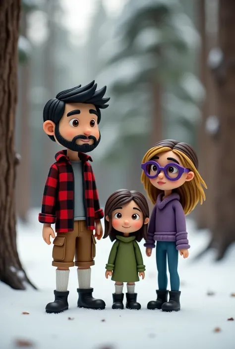 A  claymation of a 30 year old man with short black hair and beard with a long face and brown eyes. He is wearing a red and black flannel brown cargo pants with high white socks and black boots. Next to him is a 30 year old woman wearing purple rimmed glas...