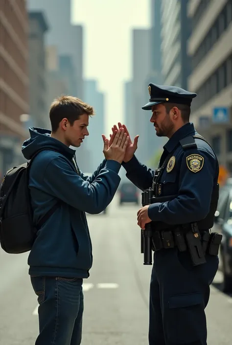 A photo of two young men one a delivery guy and the other a police man holding a gun pointing to him