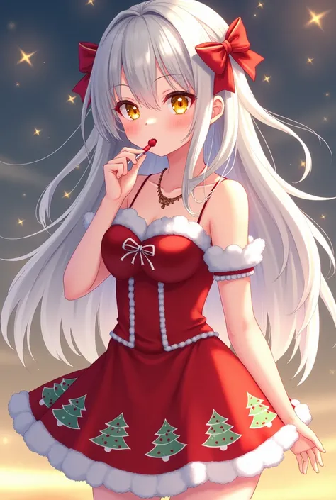  Beautiful Anime Girl , white hair ,in a New Year&#39;s dress,christmas mini skirt , keeps candy in your teeth,YELLOW EYES