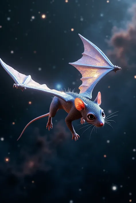 Draw Me A Superhero Combination Of: Mouse, Monkey And Dragon In Realistic HD have wings and are flying in space