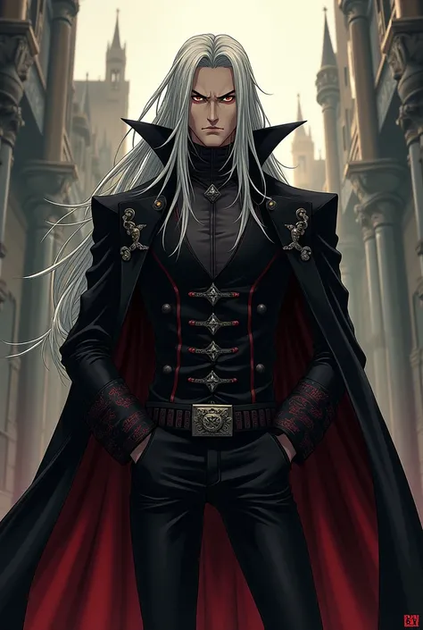 in Ayami Kojima anime style, Alucard from the castlevania anime, with an angry face, gothic, medieval, soft lighting, very detailed