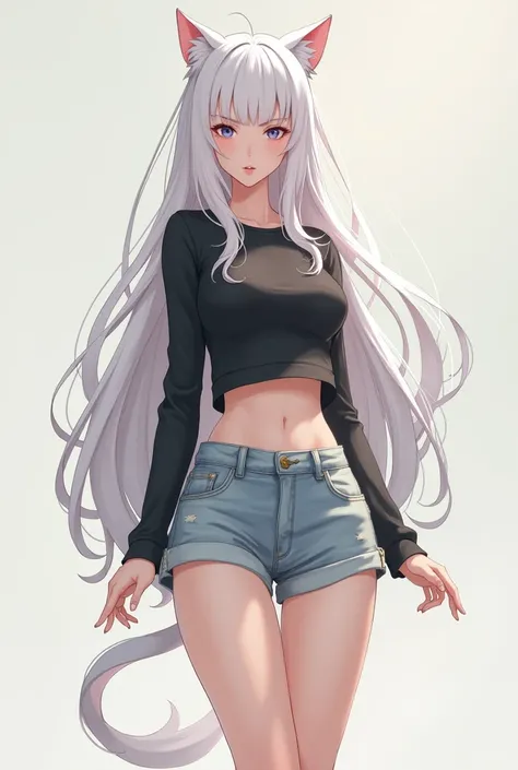 Tall anime girl with long white hair and cat ears wearing short denim shorts and a black tight long sleeve t-shirt