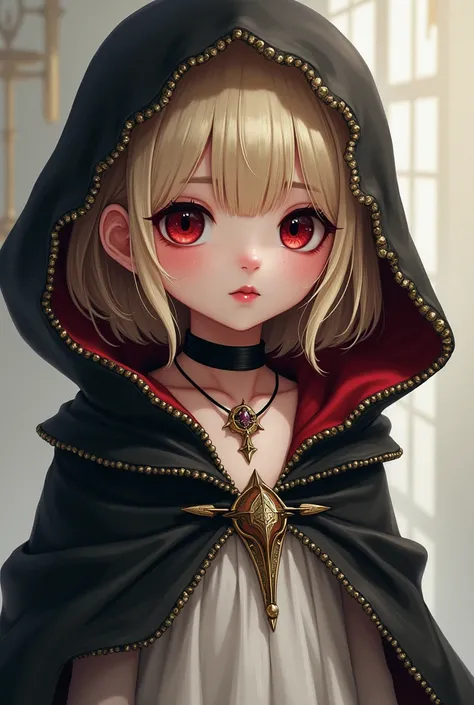 ARCANE series Style, young woman, short hair with two long strands in front, bangs, blonde hair, big burgundy eyes, small and profiled nose, cute lips, bright eyes, slightly curious look, dark eyebrows, wearing a black hood, long white dress with sleeves w...