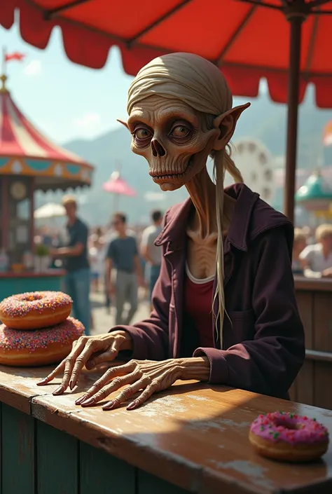 skinny slender granny with a long bandage, a fortune teller at the donut counter in the amusement park
