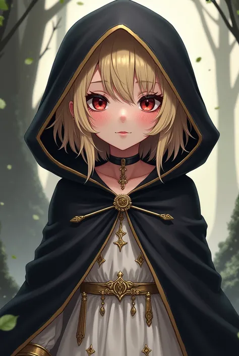 ARCANE series Style, young woman, short hair with two long strands in front, bangs, blonde hair, big burgundy eyes, small and profiled nose, cute lips, bright eyes, slightly curious look, dark eyebrows, wearing a black hood, long white dress with sleeves w...