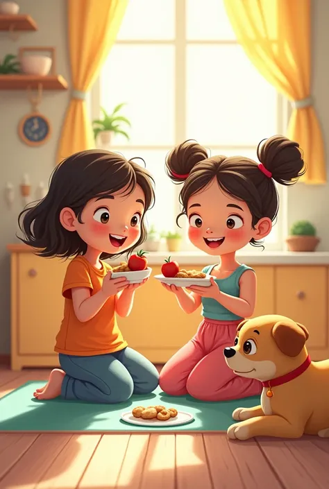 Two girls eating a food and a dog eating a dog food cartoon 