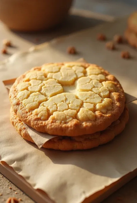 Detailed image of a crunchy cookie with a prediction inside.  The prediction is written on a small rolled up parchment scroll .  Background — light wooden table . Style — realistic .