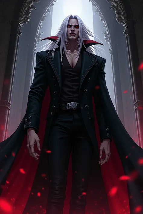 in Ayami Kojima anime style, Alucard from the castlevania anime, looking scary with an angry face, gothic, medieval, soft lighting, very detailed, wide shot