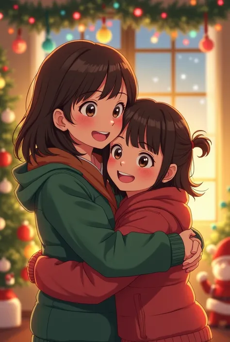 Manga image: Chubby mom with brown hair and medium long brown eyes with her  brunette daughter with bangs that hold her by the neck in a Christmas setting. They are happy