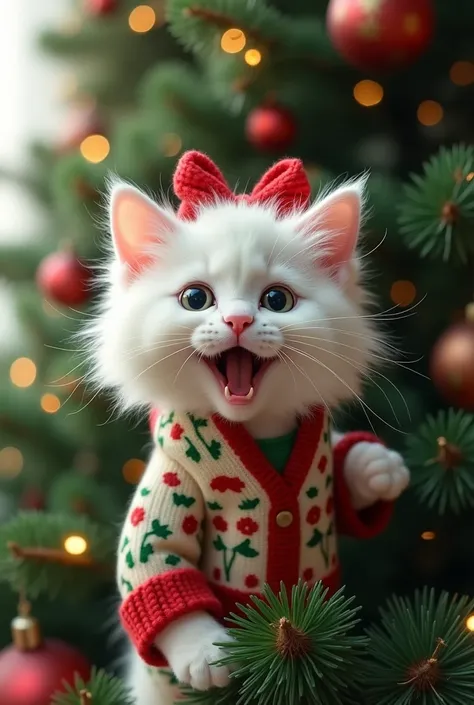 white fluffy cat sticks his head through the Christmas tree and makes a funny face, wearing knitted Christmas floral overall,Christmas bow on her head