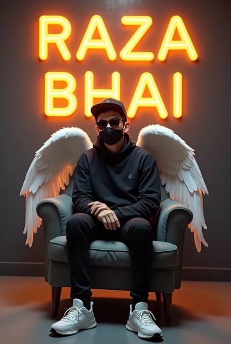 Create a 3D illusion for a profile picture where a 25 Year old cute boy in a white shirt Sitting casually on a Wingback chair. Wearing sneakers, he looks ahead. The background features "Raza bhai" in big and capital Orange neon light fonts on the dark grey...