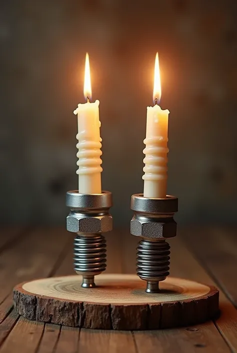 picture of a wooden table with one candle for the first advent. the candle is shaped like a spark plug. add a second candle likewise
