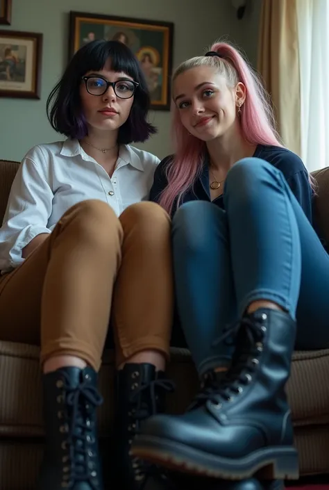 Amateur photo. Dramatic low angle looking up at two subjects as they sit on couch looming over the viewer. One is a beautiful white woman, (very pale skin:1.5), 21 years old. With short black and dark purple hair, glasses with thick black square frames, (l...