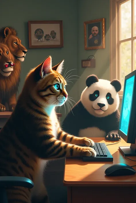 A cat playing a computer game and a panda fighting it a bear and lion